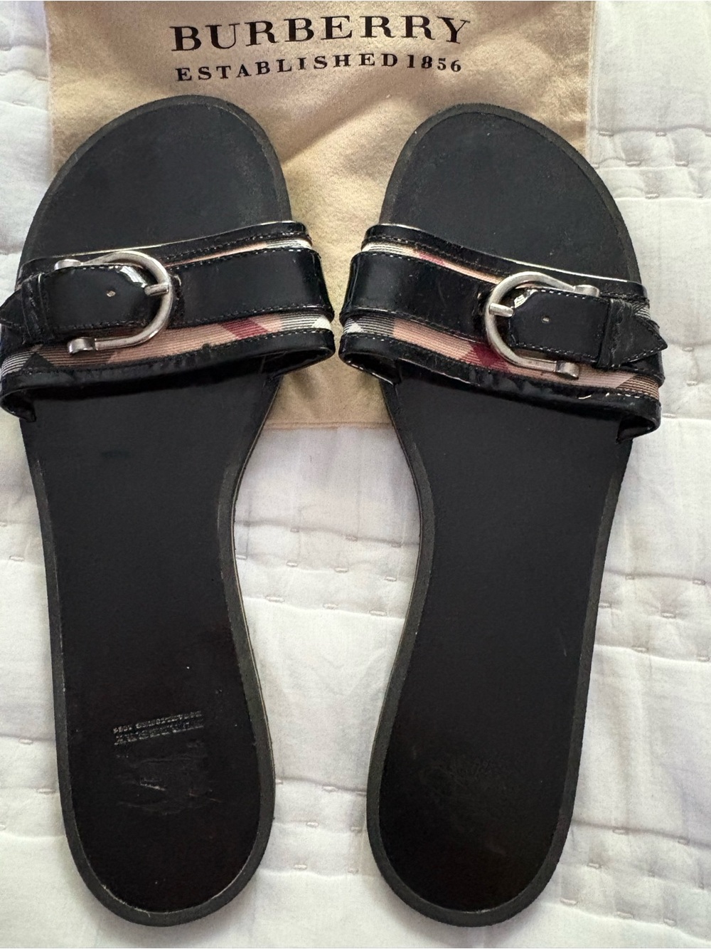 Burberry Black Leather Slide Sandals with Signature Check Accent